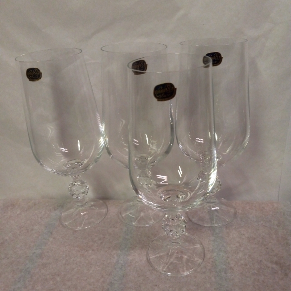4 Bohemian Glasses Crystal Cascade Champagne Flute Etched Swag Knob Stem Czech